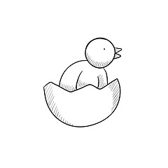 Image showing Chick peeking out of egg shell sketch icon.