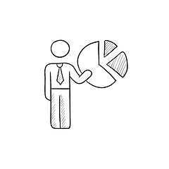 Image showing Businessman pointing at the pie chart sketch icon.