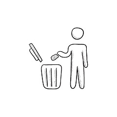 Image showing Man throwing garbage in a bin sketch icon.