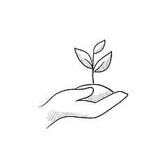 Image showing Hands holding seedling in soil sketch icon.