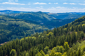 Image showing Mountains scenery. Panorama of grassland and forest