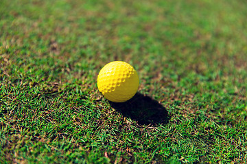 Image showing close up of yellow golf ball on green grass