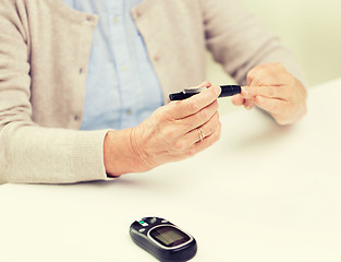 Image showing senior woman with glucometer checking blood sugar