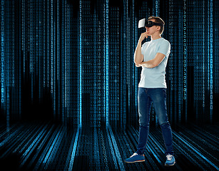 Image showing happy man in virtual reality headset or 3d glasses