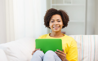 Image showing happy african american woman with tablet pc