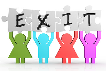 Image showing Four people hold puzzle with exit word.