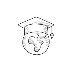 Image showing Globe in graduation cap sketch icon.