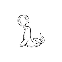 Image showing Trained fur seal playing with ball sketch icon.