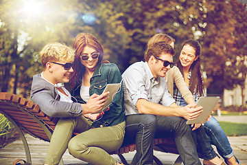 Image showing students or teenagers with tablet pc taking selfie