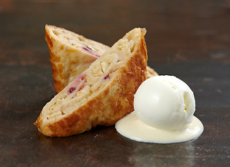 Image showing apple strudel with vanilla ice cream