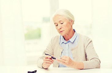 Image showing senior woman with glucometer checking blood sugar