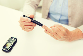 Image showing senior woman with glucometer checking blood sugar