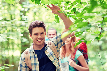 Image showing group of smiling friends with backpacks hiking