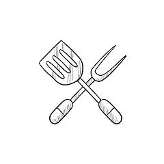 Image showing Kitchen spatula and big fork sketch icon.