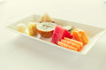 Image showing plate of fresh juicy fruit dessert at restaurant