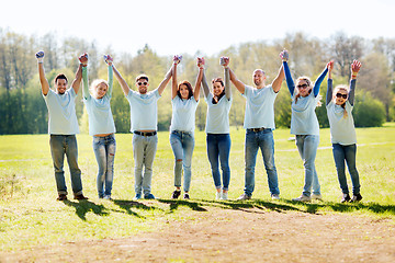 Image showing group of volunteers celebrating success in park