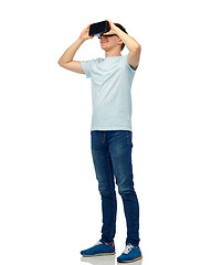 Image showing happy man in virtual reality headset or 3d glasses