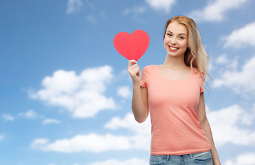 Image showing happy woman or teen girl with red heart shape
