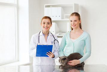 Image showing happy woman with cat and doctor at vet clinic