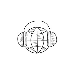 Image showing Globe in headphones sketch icon.