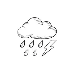 Image showing Cloud with rain and lightning bolt sketch icon.