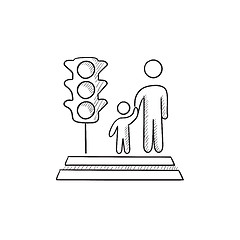 Image showing Parent and child crossing the street sketch icon.