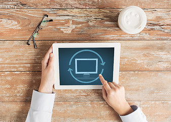 Image showing close up of female hands with tablet pc and coffee