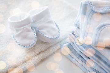 Image showing close up of baby boys clothes for newborn on table