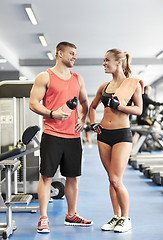 Image showing smiling man and woman talking in gym