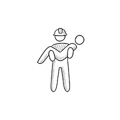 Image showing Fireman holding person on hands sketch icon.