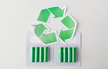 Image showing close up of batteries and green recycling symbol