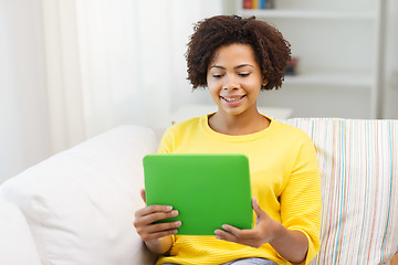 Image showing happy african american woman with tablet pc