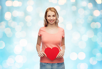 Image showing happy woman or teen girl with red heart shape