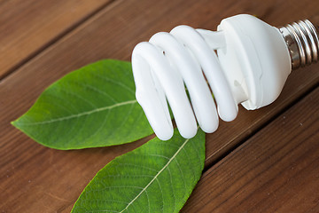 Image showing close up of energy saving lightbulb and green leaf