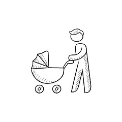 Image showing Man walking with baby stroller sketch icon.