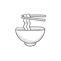 Image showing Bowl of noodles with pair chopsticks sketch icon.