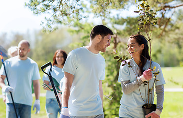 Image showing group of volunteers with trees and rake in park