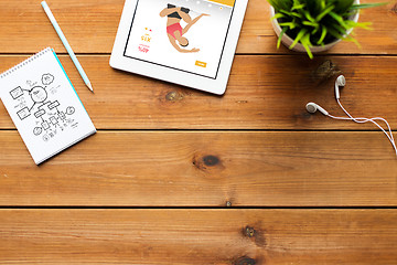 Image showing close up of tablet pc with fitness app on table