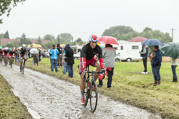 Image showing The Cyclist Gatis Smukulis  on a Cobbled Road - Tour de France 2