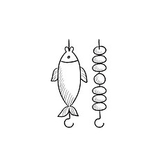 Image showing Shish kebab and grilled fish sketch icon.