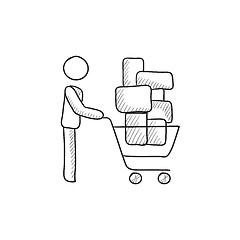 Image showing Man pushing shopping cart sketch icon.