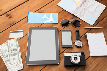 Image showing close up of smartphone and travel stuff