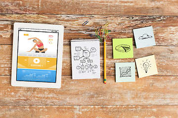Image showing close up of notebook, stickers and tablet pc