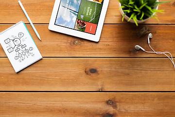 Image showing close up of tablet pc with news on wooden table