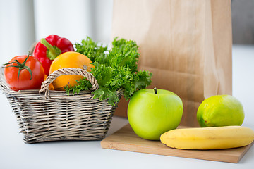 Image showing basket of fresh friuts and vegetables at kitchen