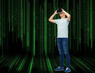 Image showing happy man in virtual reality headset or 3d glasses