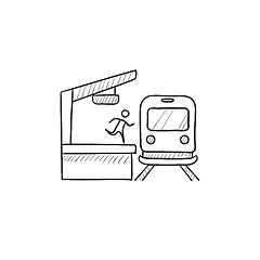 Image showing Man runs along train station platform sketch icon.