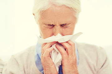 Image showing sick senior woman blowing nose to paper napkin