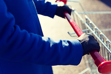 Image showing close up of woman with shopping cart on street