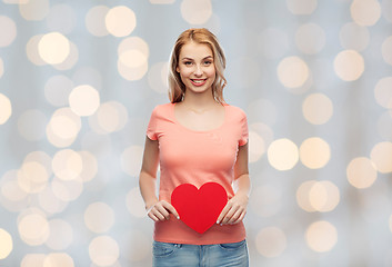 Image showing happy woman or teen girl with red heart shape